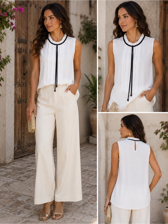 Monteau Pants - Monteau Cream Wide-Leg Pants with White Sleeveless Blouse